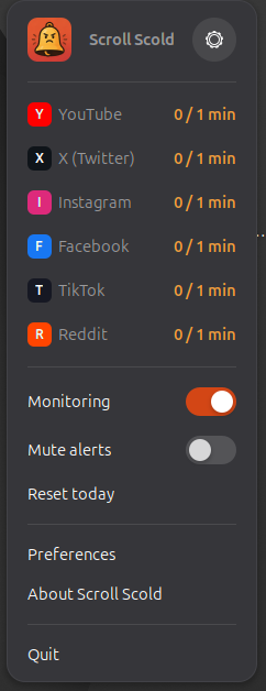 Scroll Scold panel menu showing daily usage per platform, with monitoring and mute toggles