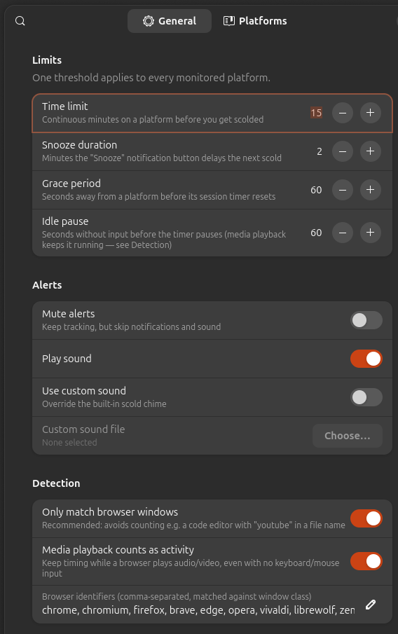 Scroll Scold preferences window with settings for time limit, snooze duration, grace period, idle pause, alerts including custom sound, and detection options